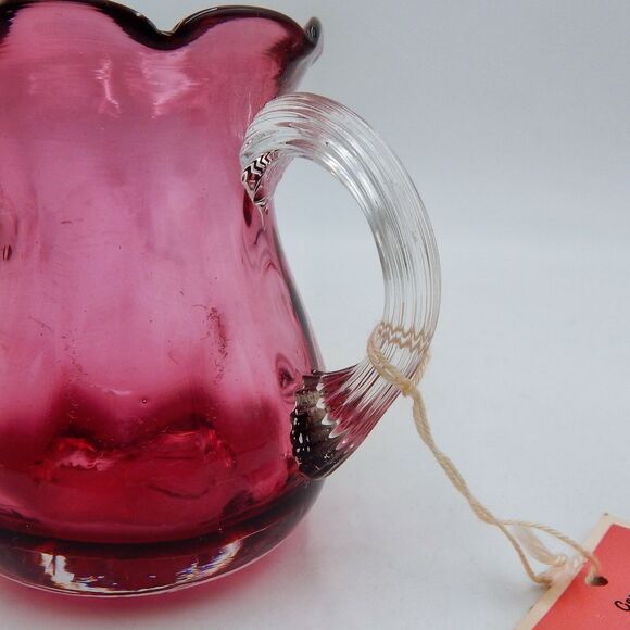Pilgrim Glass Handblown Cranberry Vase Pitcher Applied Clear Handle 4 Inch Tags - Picture 9 of 13